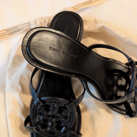 Tory Burch Miller Bombe Black Leather Open Toe Low Heel - Picture 4 of 9